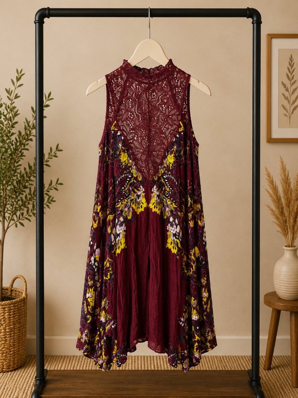 FREE PEOPLE Boho Lace Halter Tunic Dress – Burgundy Floral Tunic - Picture 2 of 4